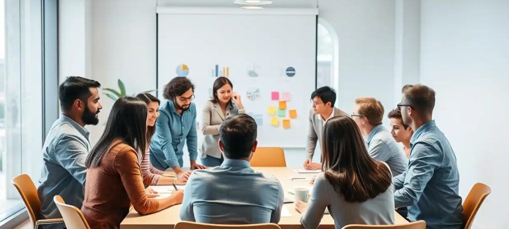A_team_discussing_ideas_with_sticky_notes_and_charts