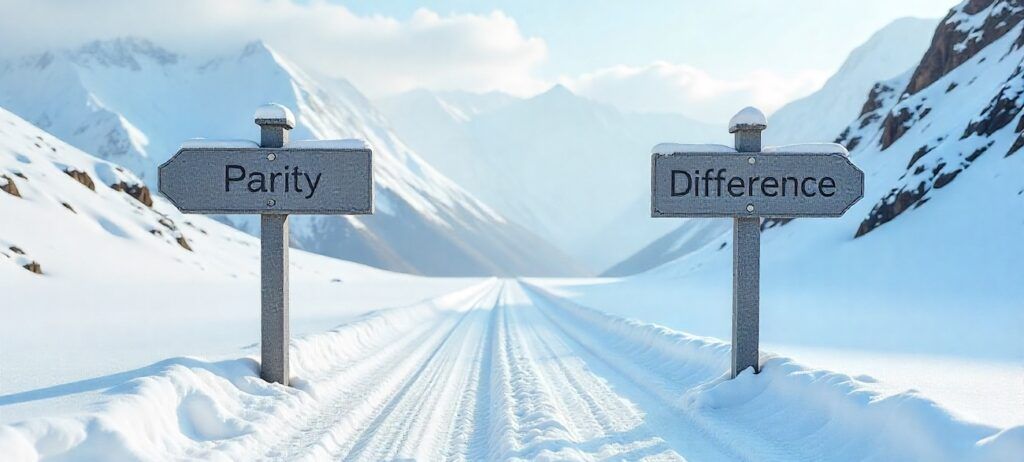 Two_diverging_roads_with_signposts_of_Parity_and_Difference_wording_in_snow