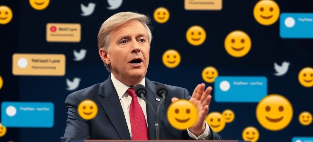 A_Politician_Speaking_at_Podium_While_Social_Media_Comments_Float_Around_Him A_Politician_Speaking_at_Podium_While_Social_Media_Comments_Float_Around_Him