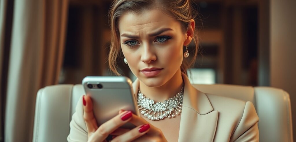 A Luxury Woman with Worried Face Using Phone