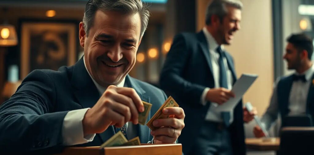 A well-dressed man donating money into a charity box