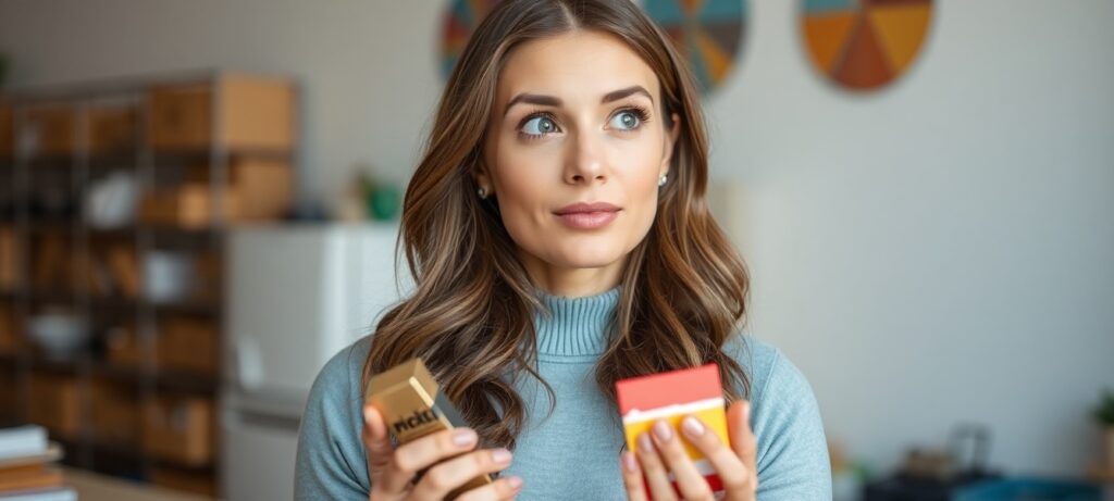 A woman with thinking face looking at considering between 2 products on hands A woman with thinking face looking at considering between 2 products on hands