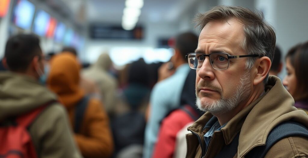 A_man_waiting_a_long_queing_with_stress_face