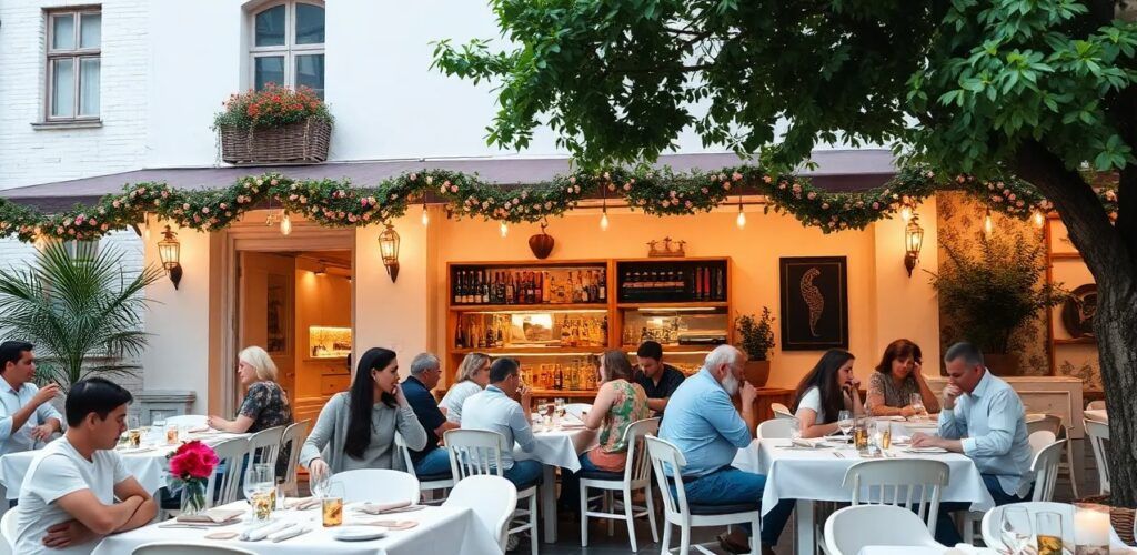 A_white_restaurant_with_customers