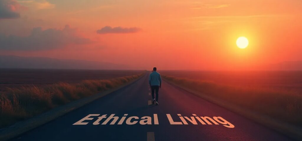 a person walking on a long road labeled “Ethical Living,” not stopping after a single good act