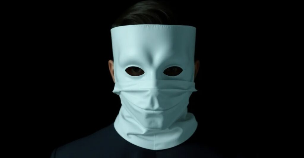 a person wearing a clean, virtuous mask while holding unethical actions behind their back