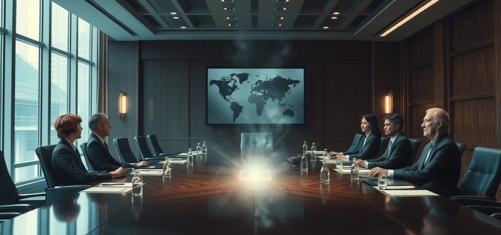 A boardroom scene where potential disasters—legal cases, reputational damage, internal panic
