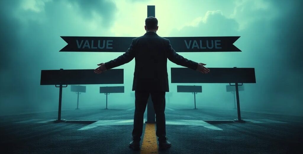 A brand standing at a narrow crossroads under pressure, multiple paths labeled with conflicting values A brand standing at a narrow crossroads under pressure, multiple paths labeled with conflicting values
