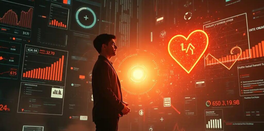 A human figure standing with quiet conviction, surrounded by floating data, charts, and AI interfaces A human figure standing with quiet conviction, surrounded by floating data, charts, and AI interfaces