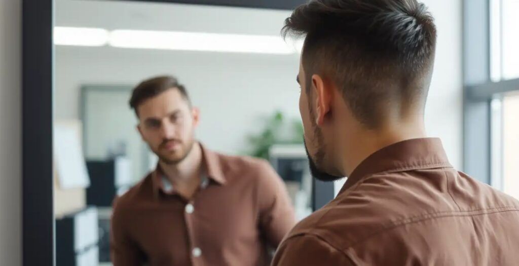 A man looking at the mirror in office