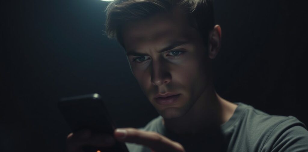 A person in a tense situation, dim lighting, focusing intensely on a small urgent notification