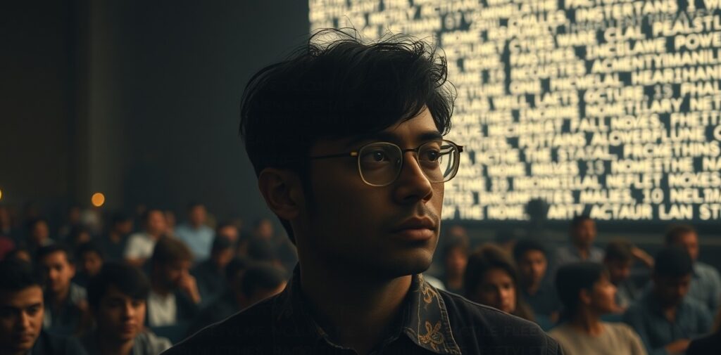 A person surrounded by endlessly repeating messages dissolving into static noise