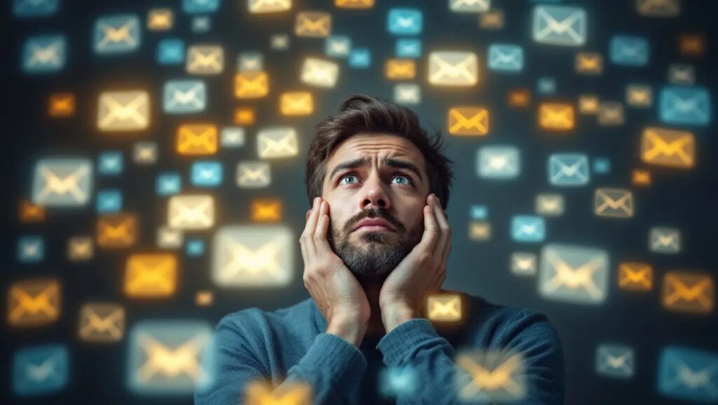 A person surrounded by multiple emails
