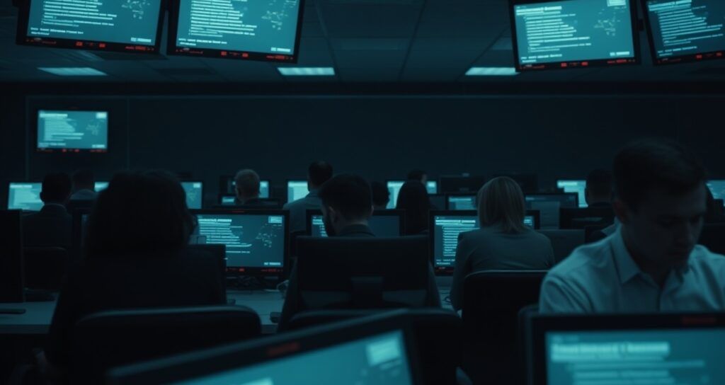 A tense communication room filled with blinking screens and paused conversations