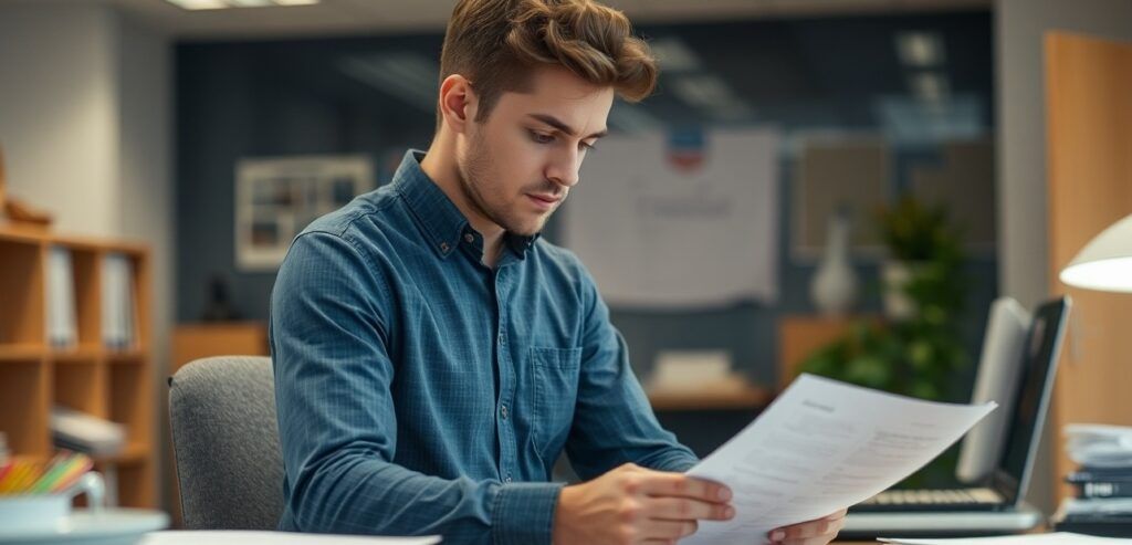 A young man looking at papers in office