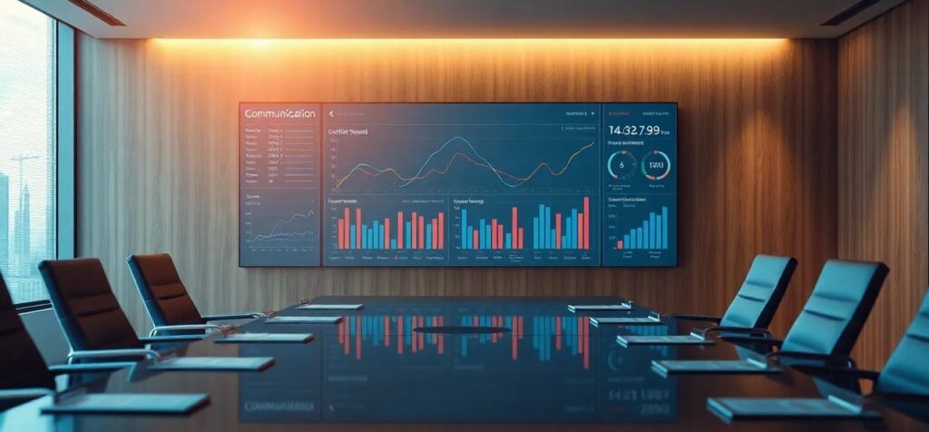 An executive boardroom scene where a traditional communication dashboard fades away