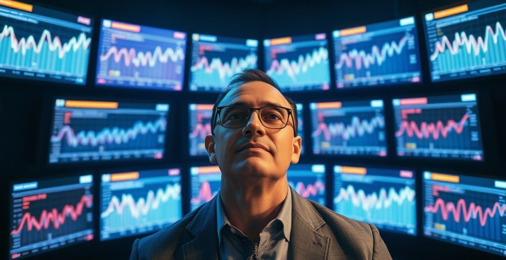 Brand leader calmly ignoring multiple flashing trending signals on screens