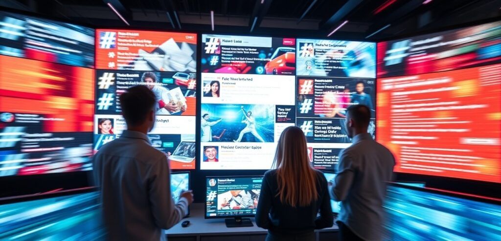 Brand team rapidly reacting to trending topics displayed on multiple screens