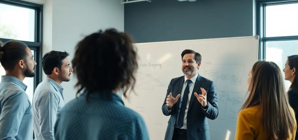 Business leader explaining strategy to an engaged team around a whiteboard, collaborative atmosphere