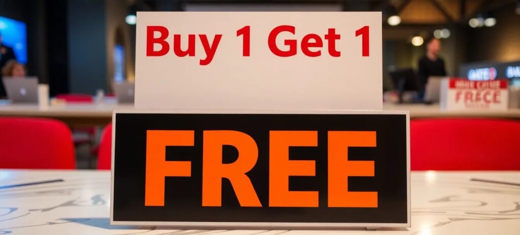 Buy 1 Get 1 Free signage on table