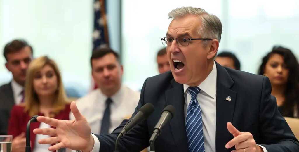 CEO aggressive and angry press conference on table