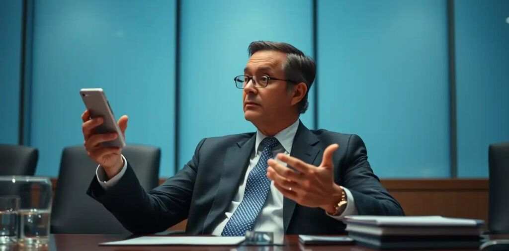 CEO holding smartphone with suprising face