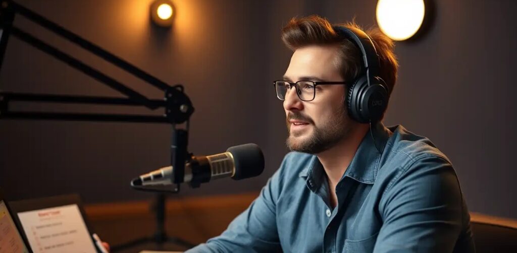 CEO speaking authentically in a podcast studio