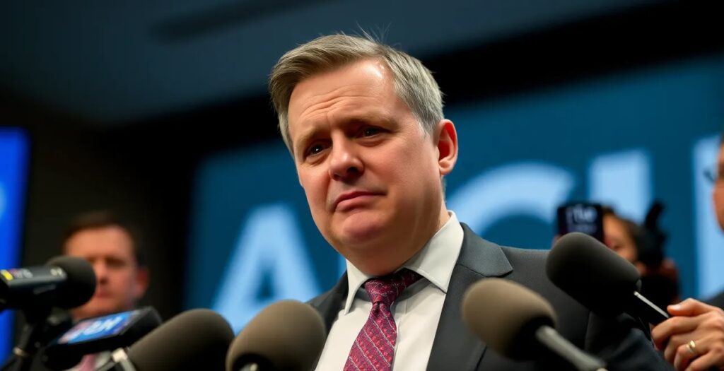 CEO standing infront of press crying and sad face