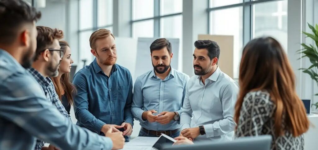 Employees discussing about project seriously in office