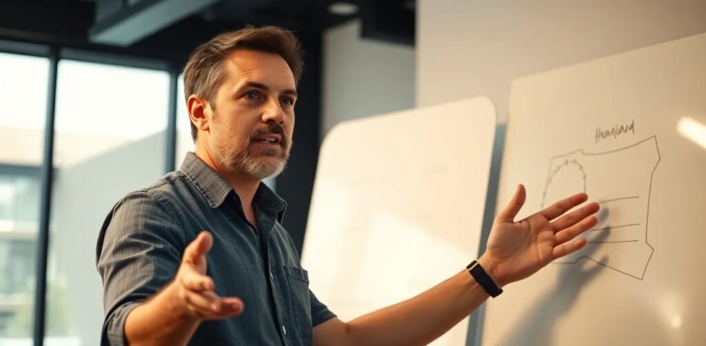 Founder explaining ideas on a whiteboard