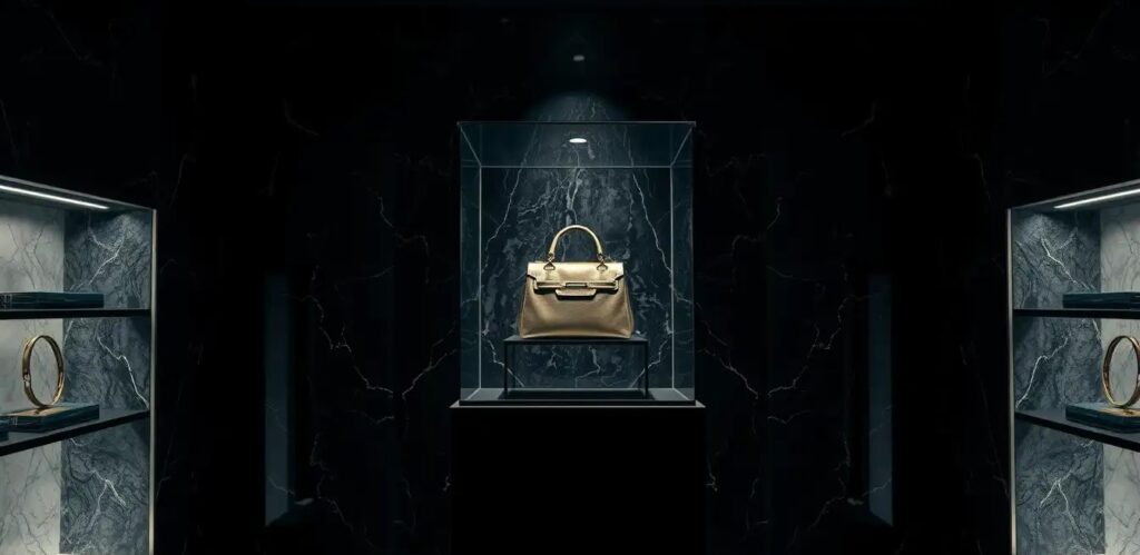 Luxury boutique interior, single handbag displayed inside glass case