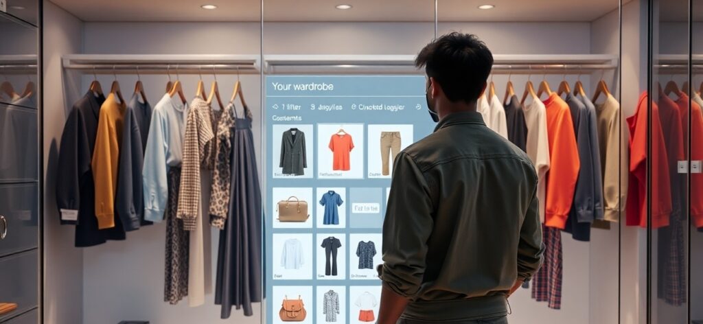 User standing in front of a digital wardrobe interface