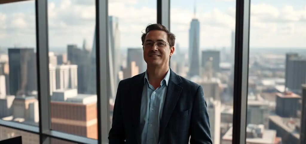 Visionary founder standing confidently in a modern office