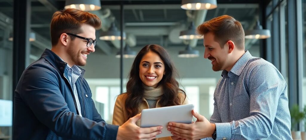 Young leader in modern office with teammate Young leader in modern office with teammate