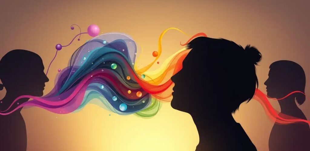 Simple everyday product transforming into waves of colorful emotions flowing into human silhouettes
