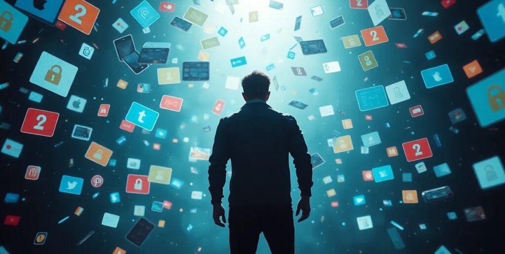 person standing in the center of a storm of digital messages person standing in the center of a storm of digital messages