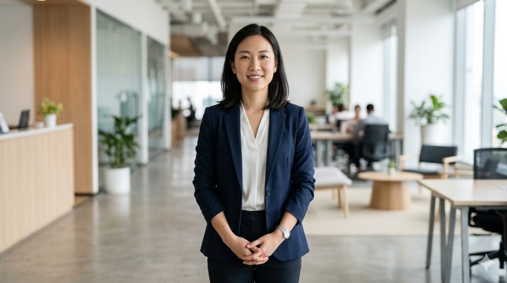 32-year-old Asian businesswoman wearing a modern blazer, standing upright with open posture