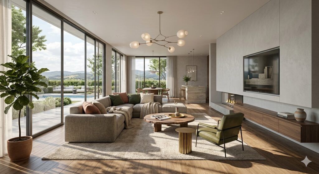 3D render of a modern living room, realistic lighting, global illumination