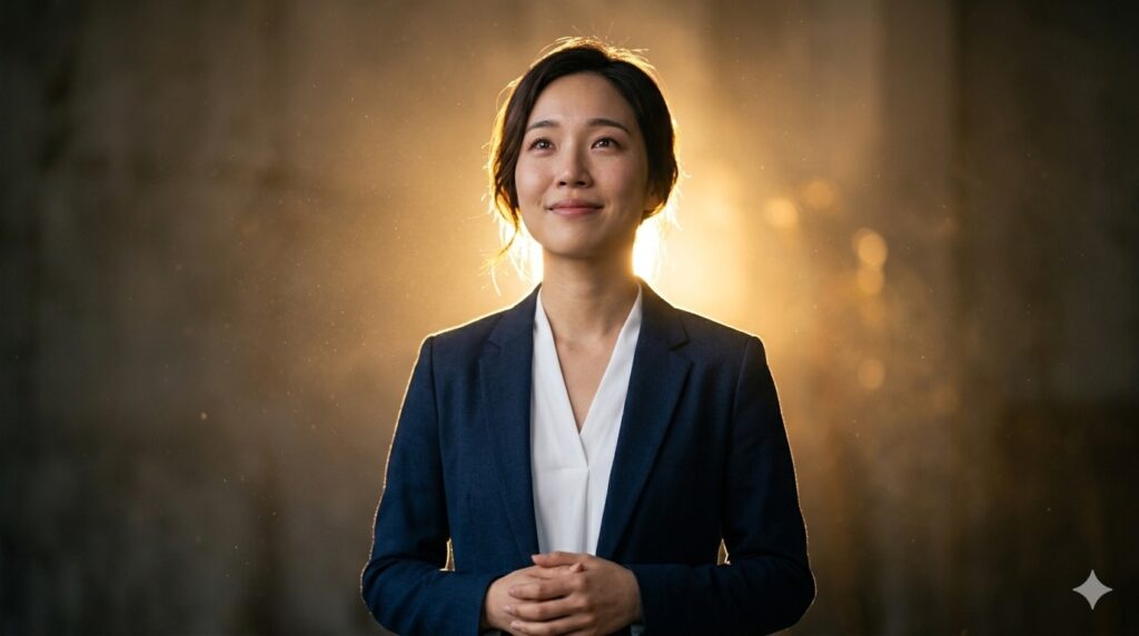 A 24-year-old Asian woman standing with open posture, gently looking upward with hopeful eyes and a soft smile