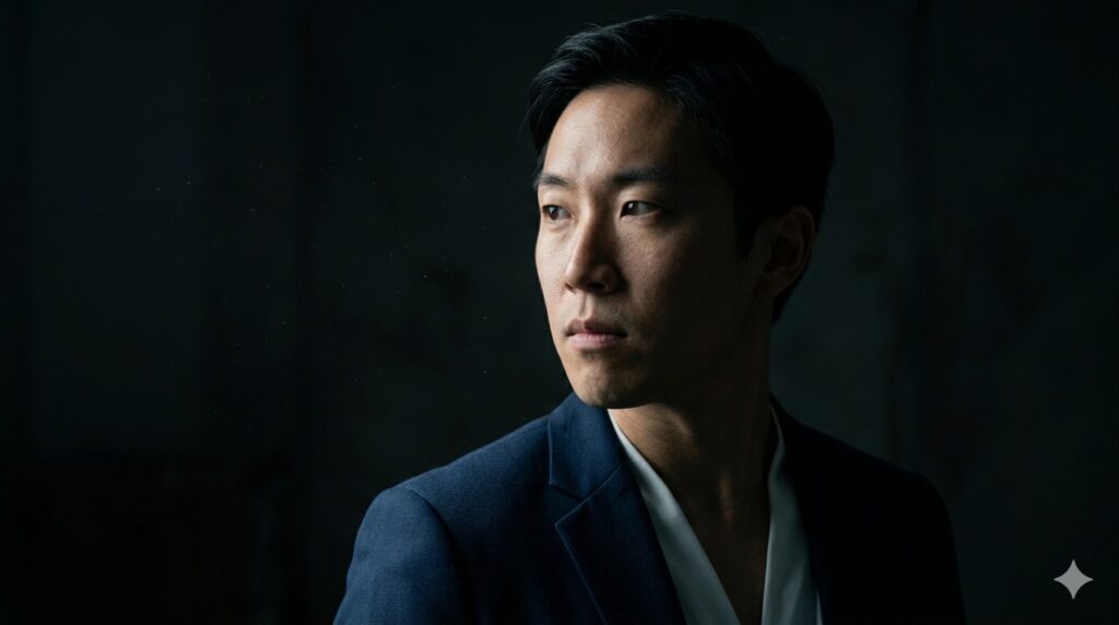 A 30-year-old Asian man slightly turning his face to the side, one side of his face in shadow