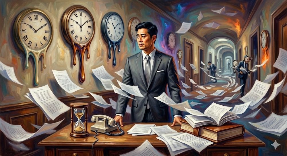 A 30-year-old Asian man working as a businessman in an office, but papers are flying endlessly, clocks melting on the walls
