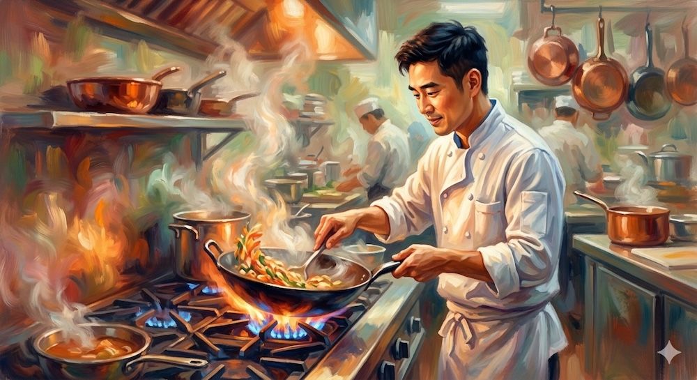 A 30-year-old Asian man working as a chef cooking in a kitchen, warm light glowing from the stove, dynamic movement, colors blending softly, impressionist painting, expressive brush strokes