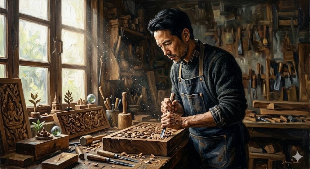 A-30-year-old-Asian-man-working-as-a-craftsman-carving-wood-in-a-workshop-sunlight-streaming-through-a-window-dust-particles-in-the-air-focused-expression-oil-painting-realism-style