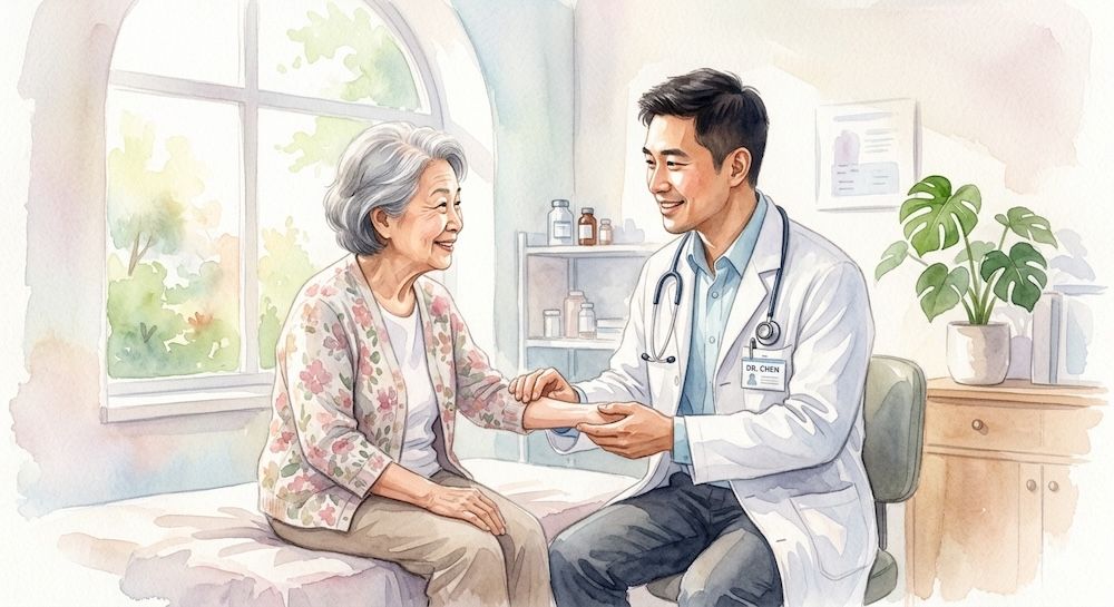 A 30-year-old Asian man working as a doctor examining a patient in a clinic, wearing a white coat, soft sunlight coming through a window, calm and caring expression