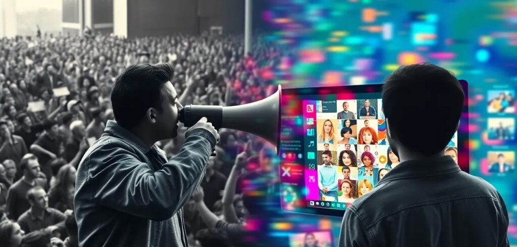 A black and white vintage scene of a man with a megaphone shouting at a massive, faceless crowd, slowly dissolving into a vibrant