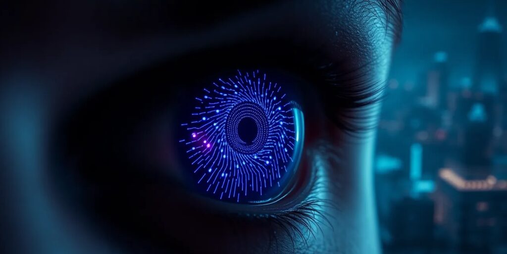A cinematic close-up of a human eye with ai, looking directly forward