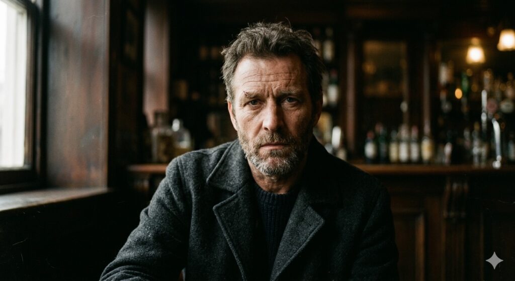 “A cinematic portrait of a man, serious expression, photorealistic, film texture