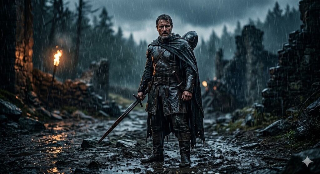 A cinematic scene of a lone warrior standing in the rain