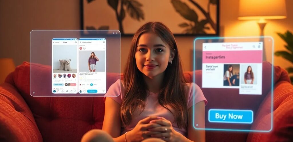 A cinematic shot of a girl on a couch, surrounded by holographic displays