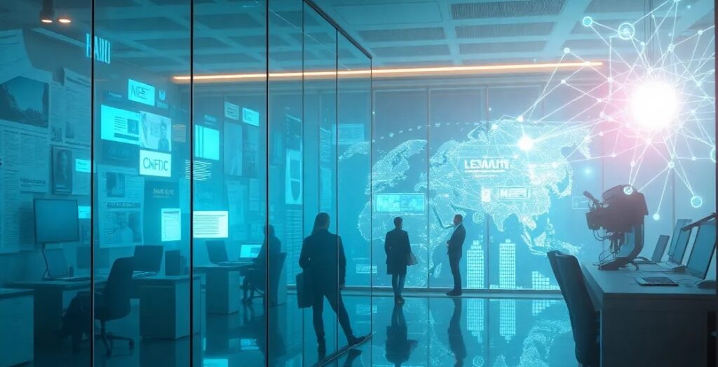 A cinematic wide shot of a futuristic marketing office